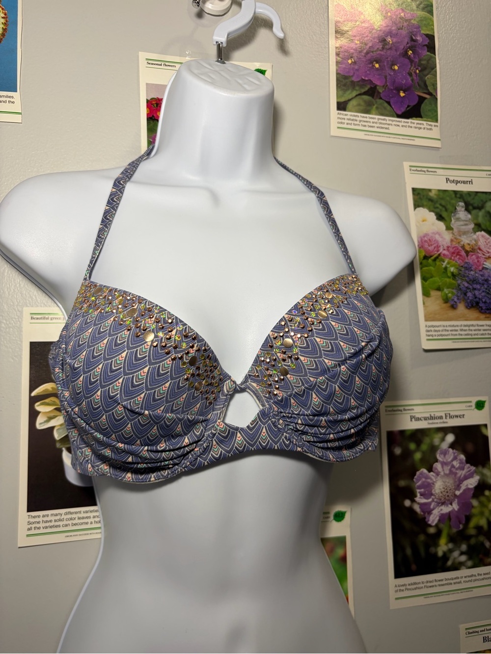 Victoria's Secret Purple Patterned Halter Push-Up Bikini Top with Gold Accents